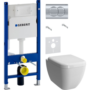 Комплект Унитаз подвесной VitrA Shift 7742B003-0075 белый глянцевый + Крышка 91-003-009 с микролифтом, петли хром + Инсталляция Geberit Duofix Delta 458.149.21.1 с кнопкой смыва, хром + Шумоизоляция