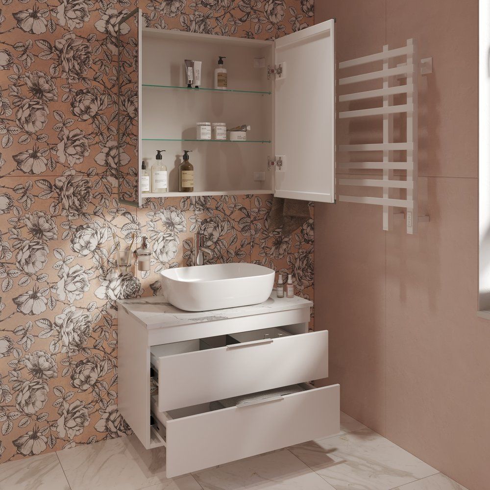 Купить Мебель для ванной STWORKI Копенгаген 80 белая со светлой столешницей, с раковиной Moduo 50 Square в Москве с доставкой Мебель для ванной STWORKI Копенгаген 80 белая со светлой столешницей, с раковиной Moduo 50 Square