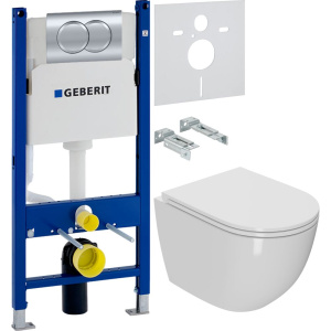 Комплект Унитаз подвесной Bauedge Bau Dream Hurricane-2 безободковый, с микролифтом, белый + Инсталляция Geberit Duofix Delta 458.149.21.1 с кнопкой смыва, хром + Шумоизоляция