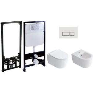 Комплект Унитаз подвесной STWORKI Ноттвиль SETK3104-2616 безободковый, с микролифтом, белый + Инсталляция EWRIKA ProLT 0026-2020 + Кнопка 0042 белая + Биде K3106-2605 + Инсталляция AlcaPlast A105 /1120