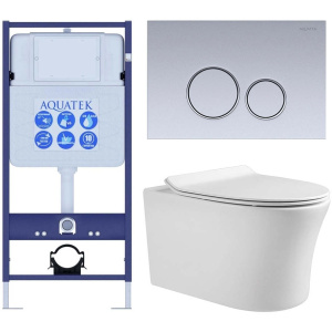 Комплект унитаз с инсталляцией, кнопкой и сиденьем микролифт Aquatek Ника SET AQUATEK НИКА-019 4в1 безободковый