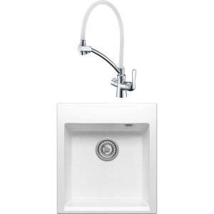 Комплект Мойка кухонная Polygran Argo 460 белый хлопок + Смеситель Lemark Comfort LM3070C-White с гибким изливом, хром, белый
