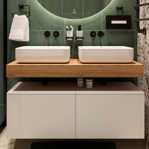 Столешница STWORKI Ольборг 120 дуб французский, без отверстий, 2 тумбы 60 + 2 раковины STWORKI Soul 1 белой