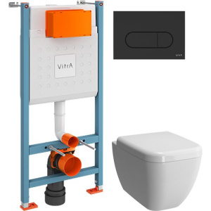 Комплект Унитаз подвесной VitrA Shift 7742B003-0075 белый глянцевый + Крышка 91-003-009 с микролифтом, петли хром + Инсталляция V-Fix Core 732-5800-01 с кнопкой смыва Root R 740-2211 черной матовой