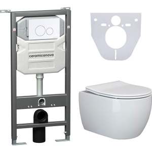 Комплект Унитаз подвесной Ceramicanova Play CN3001 безободковый, с микролифтом + Инсталляция Envision CN1001W + Кнопка Round, белая