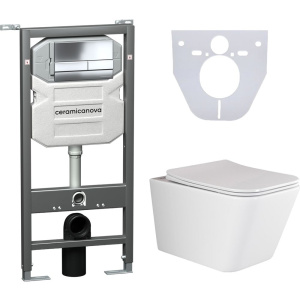 Комплект Унитаз подвесной Ceramicanova Metric CN3007 безободковый, с микролифтом + Инсталляция Envision CN1002CH + Кнопка Flat, хром