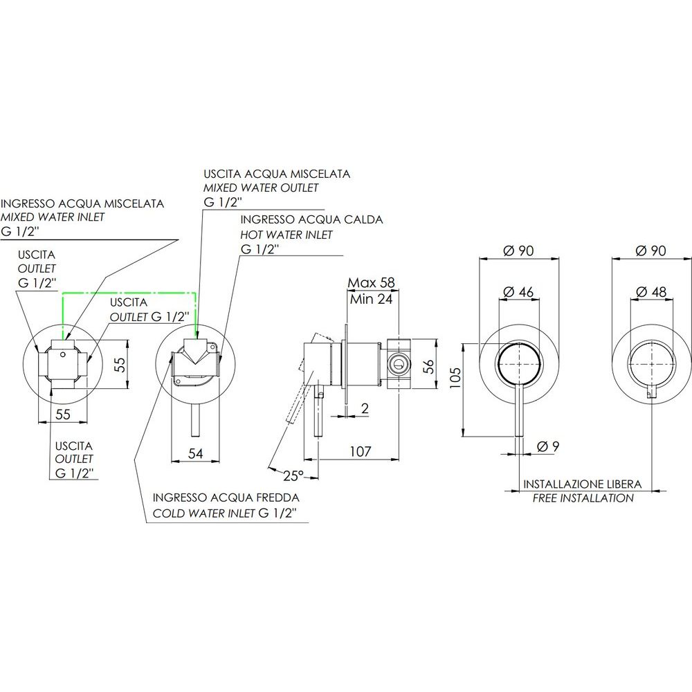 Смеситель для ванны с душем Remer X Style X96D3 С ВНУТРЕННЕЙ ЧАСТЬЮ, 3 потребителя, золото глянцевое