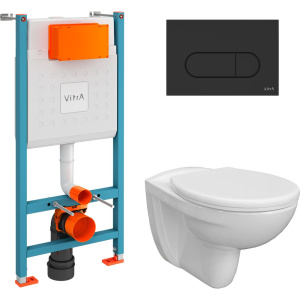 Комплект Унитаз подвесной DIWO Анапа безободковый + Крышка 800-003-709 дюропласт, с микролифтом + Инсталляция VitrA V-Fix Core + Кнопка Root Round 740-2211 черная матовая