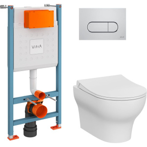 Комплект Унитаз подвесной VitrA Zentrum Round белый глянцевый + Крышка с микролифтом, петли хром + Инсталляция VitrA V-Fix Core + Кнопка смыва Root R 740-2280 хром