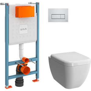 Комплект Унитаз подвесной VitrA Shift 7742B003-0075 белый глянцевый + Крышка 91-003-009 с микролифтом, петли хром + Инсталляция V-Fix Core 738-5800-01 с кнопкой смыва Root S 740-2380 хром
