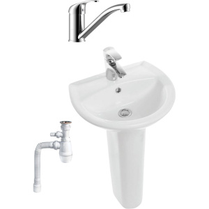 Комплект Раковина Sanita Аттика 48 + Пьедестал Аттика + Смеситель Rossinka Y + Сифон Wirquin Минор с отводом для стиральной машины