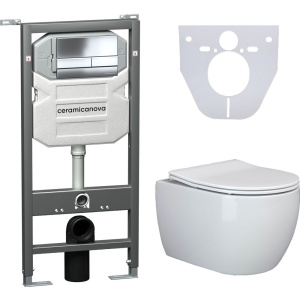 Комплект Унитаз подвесной Ceramicanova Play CN3001 безободковый, с микролифтом + Инсталляция Envision CN1002CH + Кнопка Flat, хром