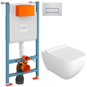 Комплект Унитаз подвесной VitrA Shift 7742B003-0075 белый глянцевый + Крышка DIWO Шифт 0405 с микролифтом + Инсталляция V-Fix Core 738-5800-01 с кнопкой смыва Root S 740-2380 хром