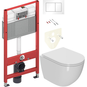 Комплект Унитаз подвесной Bauedge Bau Dream Hurricane-2 безободковый, с микролифтом, белый + Инсталляция TECE Base 9400413 4 в 1 с кнопкой смыва