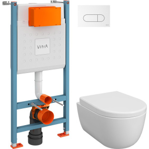 Комплект Унитаз подвесной BOCCHI V-Tondo Rimless 1417-001-0129 белый глянцевый + Крышка A0302-001 с микролифтом, глянцевая белая + Инсталляция VitrA V-Fix Core + Кнопка Root Round 740-2200 белая глянцевая