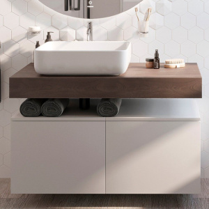 Столешница STWORKI Ольборг 100 дуб карпентер, без отверстий, 2 тумбы 50, с раковиной STWORKI Soul 1 белой