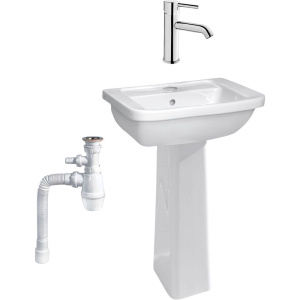 Комплект Раковина VitrA Form 300 9602B003 с пьедесталом + Смеситель Minimax S A41984EXP + Сифон Wirquin Минор с отводом для стиральной машины