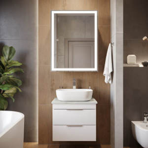 Мебель для ванной STWORKI Копенгаген 60 белая со светло-серой столешницей, с раковиной Moduo 50 Square