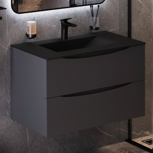 Тумба с раковиной BOND Cube, 80 подвесная, серая матовая, черная раковина