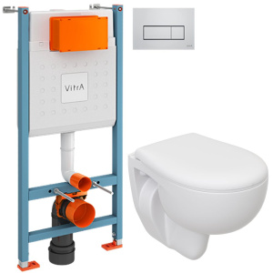 Комплект Унитаз подвесной Seramiksan Natura + Крышка + Инсталляция VitrA V-Fix Core 738-5800-01 с кнопкой смыва Root S 740-2380 хром