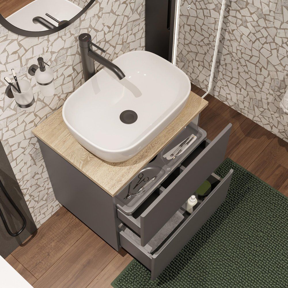 Купить Мебель для ванной STWORKI Колдинг 60 антрацит, с раковиной 50 Square, столешница орех матовый в Москве с доставкой Мебель для ванной STWORKI Колдинг 60 антрацит, с раковиной 50 Square, столешница орех матовый