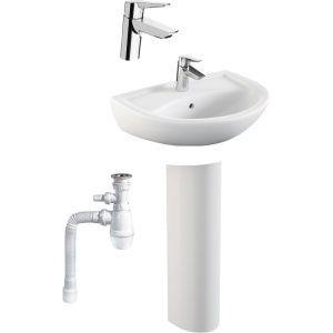 Комплект Раковина Norm Fit 60 см + Пьедестал + Смеситель VitrA Solid S + Сифон Wirquin Минор с отводом для стиральной машины