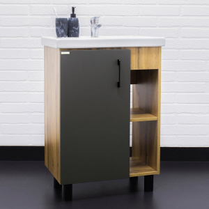 Тумба с раковиной Домино Craft 60 напольная, дуб вотан, графит Тумба с раковиной Домино Craft 60 напольная, дуб вотан, графит