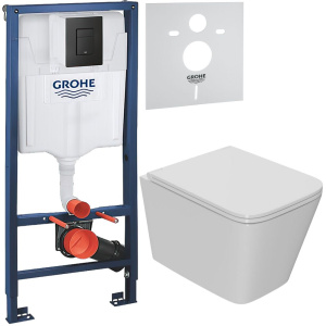 Комплект Унитаз подвесной Bauedge Bau Stil Hurricane3 безободковый, с микролифтом, белый + Инсталляция Grohe Solido 38811KF0 3 в 1 с кнопкой смыва + Шумоизоляция