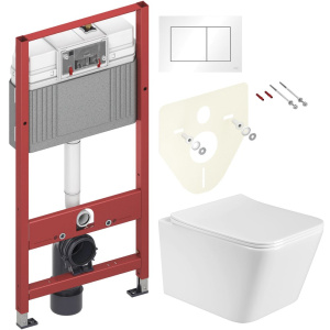 Комплект Унитаз подвесной BOND Cube F04-10 безободковый, с микролифтом, белый + Инсталляция TECE Base 9400413 4 в 1 с кнопкой смыва