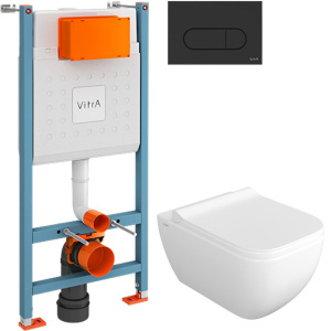 Комплект Унитаз подвесной VitrA Shift 7742B003-0075 белый глянцевый + Крышка DIWO Шифт 0405 с микролифтом + Инсталляция V-Fix Core 732-5800-01 с кнопкой смыва Root R 740-2211 черной матовой