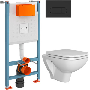 Комплект Унитаз подвесной DIWO Сочи 7508N003-0079 безободковый + Крышка Yakut 0344 с микролифтом + Инсталляция VitrA V-Fix Core 732-5800-01 с кнопкой смыва Root R 740-2211 черной матовой