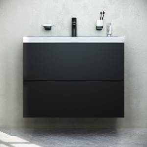 Тумба с раковиной AM.PM Gem 75 черная матовая, подвесная, с 2 ящиками, с белой раковиной Тумба с раковиной AM.PM Gem 75 черная матовая, подвесная, с 2 ящиками, с белой раковиной