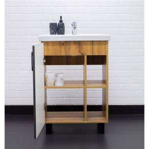 Купить Тумба с раковиной Домино Craft 60 напольная, дуб вотан, графит в Москве с доставкой Тумба с раковиной Домино Craft 60 напольная, дуб вотан, графит