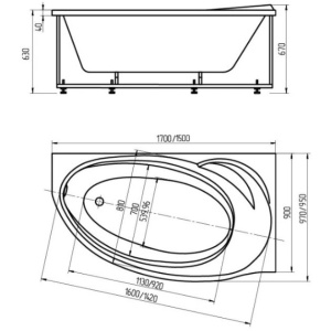 Акриловая ванна Aquatek Бетта 170х97 BET170-0000011 правая, (пневпоуправление), с фронтальным экраном