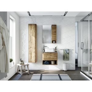 Тумба с раковиной STWORKI Карлстад 60 дуб рустикальный, простоун беж, с отверстием под смеситель в столешнице