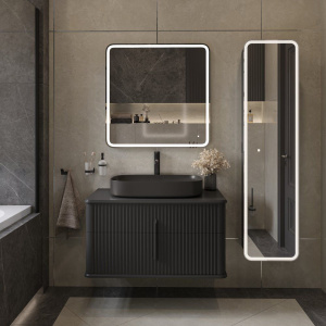 Тумба с раковиной STWORKI Молде, 95 антрацит, со столешницей, раковина STWORKI Молде черная матовая