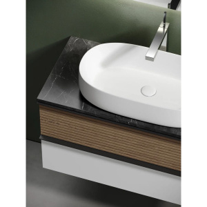 Тумба с раковиной Sancos Delta 100 см, дуб светлый, белый, столешница черный мрамор, раковина CN5022