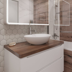 Мебель для ванной STWORKI Берген 100, белая с темной столешницей, раковина Moduo 55 Leaf
