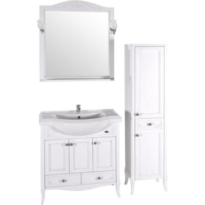 Зеркало ASB-Woodline Салерно 80 белое, патина серебро, с полкой и подсветкой