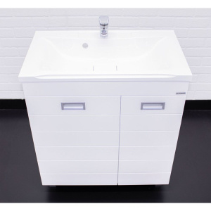 Купить Тумба с раковиной Домино Cube 75 с бельевой корзиной, белая в Москве с доставкой Тумба с раковиной Домино Cube 75 с бельевой корзиной, белая