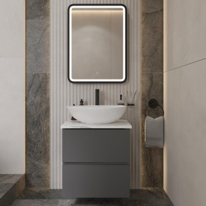 Купить Тумба с раковиной STWORKI Колдинг 60 антрацит, с раковиной Moduo 55 Leaf, столешница белая матовая в Москве с доставкой Тумба с раковиной STWORKI Колдинг 60 антрацит, с раковиной Moduo 55 Leaf, столешница белая матовая