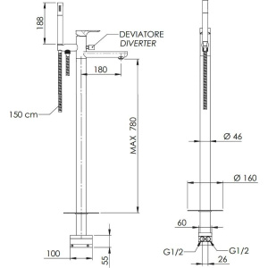 Напольный смеситель для ванны с душем Remer Infinity I08BG золотой брашированный, С ВНУТРЕННЕЙ ЧАСТЬЮ
