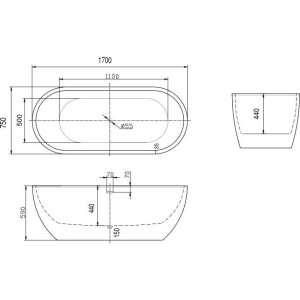 Акриловая ванна Art&Max AM-218-1700-750 170x75 см, отдельностоящая, овальная, с каркасом, со сливом-переливом