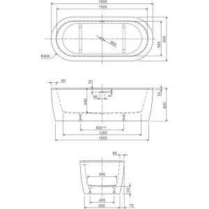 Акриловая ванна Cezares Slim SLIM CENTRAL-180-80-60-NERO-SET 180x80 см, отдельностоящая, овальная, с каркасом, со сливом-переливом, черная, матовая