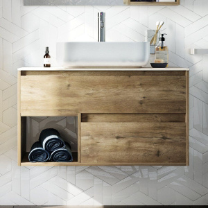 Мебель для ванной STWORKI Карлстад 90 дуб рустикальный, простоун беж, в стиле лофт, подвесная, российская