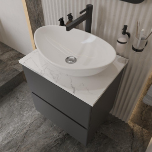 Купить Тумба с раковиной STWORKI Колдинг 60 антрацит, с раковиной Moduo 55 Leaf, столешница белая матовая в Москве с доставкой Тумба с раковиной STWORKI Колдинг 60 антрацит, с раковиной Moduo 55 Leaf, столешница белая матовая