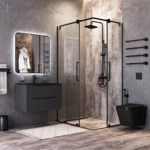 Тумба с раковиной BOND Cube, 80 подвесная, серая матовая, черная раковина