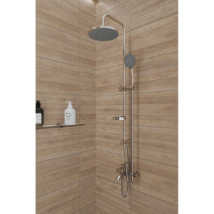 Душевая стойка STWORKI Стокгольм HFSG97000 хром, с тропическим верхним душем, без излива, угловая, с полкой