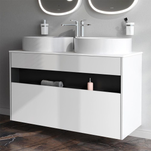 Купить Тумба с раковиной AM.PM Func 120 белый глянец, со столешницей, раковина M8FWCC20550WG в Москве с доставкой Тумба с раковиной AM.PM Func 120 белый глянец, со столешницей, раковина M8FWCC20550WG