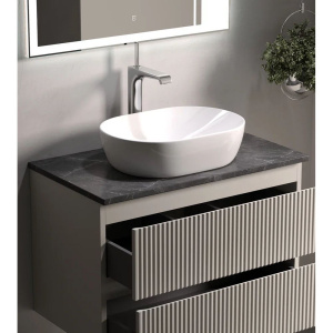 Тумба с раковиной Sancos Snob R 80 см, beige soft, столешница черный мрамор, раковина CN5010